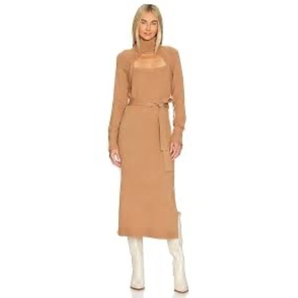 PAIGE Cherise Wool Blend Cutout Turtleneck Midi Sweater Dress Toffee Bronze M